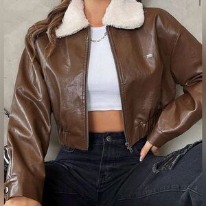 Brown Faux Leather Cream Borg Collar Jacket